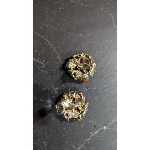 Vintage Lisner Clip-On Earrings Orange  Black Leaf Gold-Tone  Rhinestones MCM - Picture 6 of 8